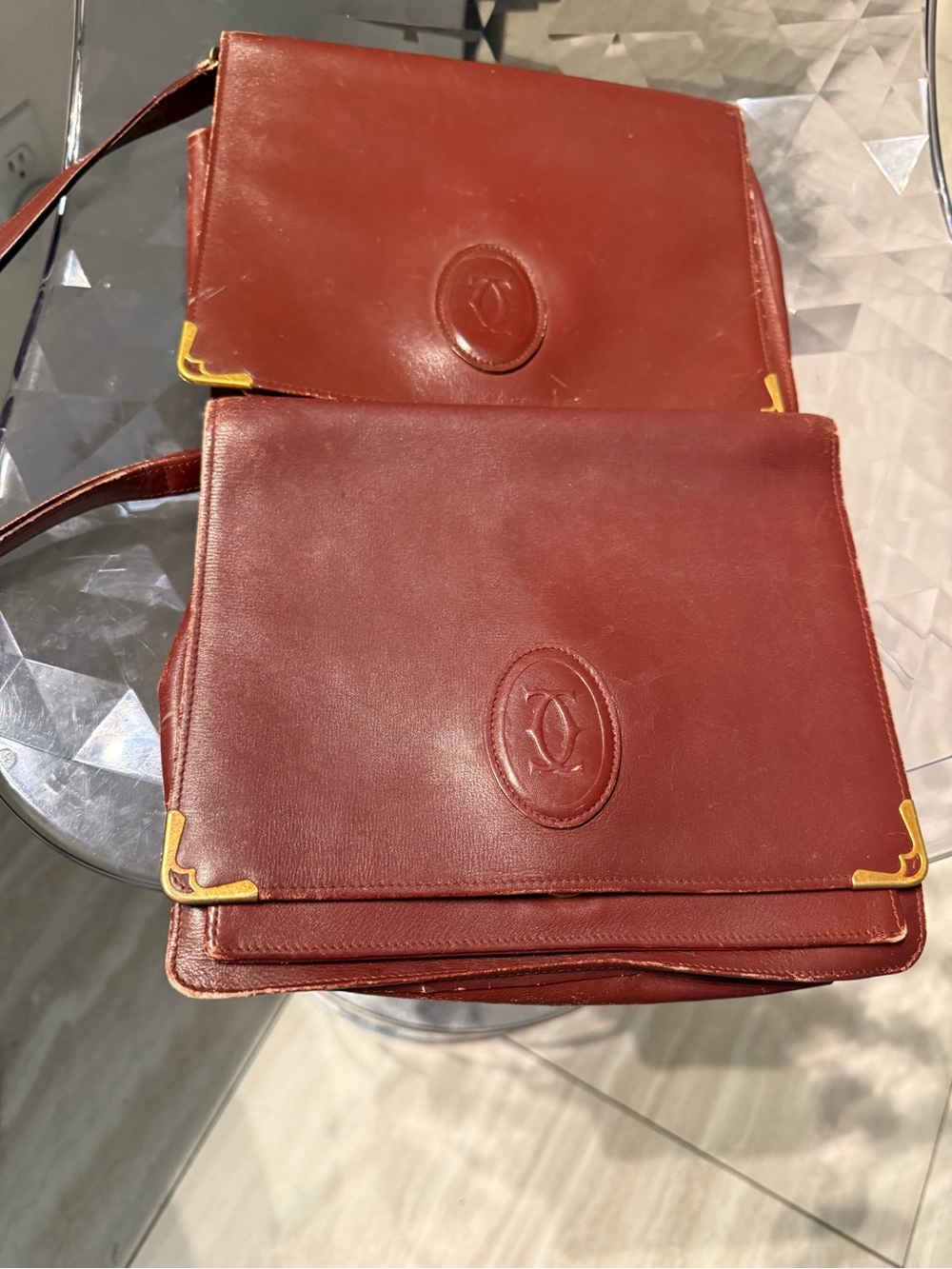 Burgundy Leather Messenger Bag with Gold Corner Accents